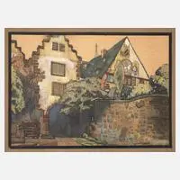 Fritz Beckert, Fränkische Kleinstadt, Farbkreiden auf Papier und auf leichtem Karton montiert