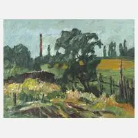 Fredo Bley, "Blick auf den Nema-Schornstein", Öl auf Hartfaserplatte