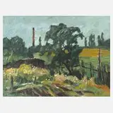 Fredo Bley, "Blick auf den Nema-Schornstein", Öl auf Hartfaserplatte