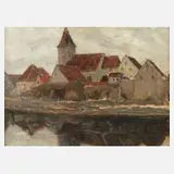 Gustav Decker, Kleinstadt am Fluss, Öl auf Leinwand