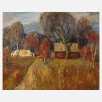 Piotr Komincz, Herbstliches Dorf, 1977, Öl auf Leinwand