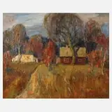 Piotr Komincz, Herbstliches Dorf, 1977, Öl auf Leinwand