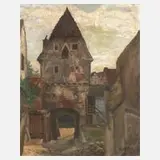 Richard Lampl, "Das Färbertor zu Donauwörth", Öl auf Leinwand und Keilrahmen