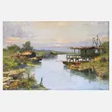 Claudio Pallini, "Sonnenuntergang am Fluss ...", Öl auf Karton