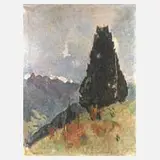 Hans Rich. Heinmann, Baumgruppe vor den Dolomiten, 1921, Öl auf Leinwand