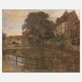 Elisabeth Schneider, Dorfidylle mit Schloss, Öl auf Malkarton