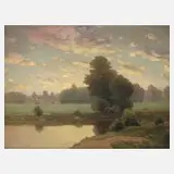 František Švic, Abendstimmung am Fluss, Öl auf Malkarton