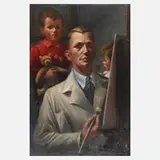 Walther Meinig, Selbstbildnis mit Kindern, Öl auf Karton auf Sperrholzplatte kaschiert