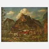 H. Freyse, Bauernhofidylle, 1935, Öl über grob grundierter Leinwand
