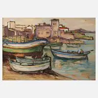 Rudolf Lunghard, Am Fischerhafen, 1956, Öl auf Karton