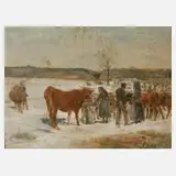E. Schnell, Viehmarkt, 1929, Öl auf massiver Holzplatte