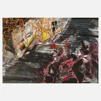 Wolfgang Isle, Menschen neben der Treppe, 1945, Mischtechnik auf Karton