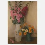 Carl Cohnen, Stillleben mit Stockrosen und Ringelblumen, Öl auf grober Leinwand