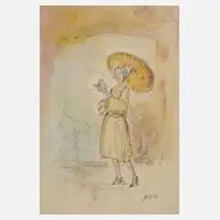 Prof. Hans Meid, Beim Spaziergang, Aquarell über Bleistift