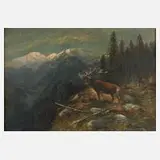 Moritz Müller II, Hirsch im Gebirge, 1900, Öl auf Spanplatte