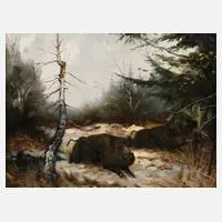 Arnold Schatz, Wildschweinrotte im Winterwald, Öl auf Leinwand