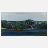 Josef Steiner, Flusslandschaft mit rotem Boot, Öl auf Platte