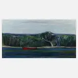 Josef Steiner, Flusslandschaft mit rotem Boot, Öl auf Platte