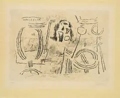 Was verlangst du von mit, Utnapischtim? (Aus: Sumerische Legenden) by Willi Baumeister, 1947, Farblithografie auf chamoisfarbenem, imitiertem Japan, sold Jun 2025
