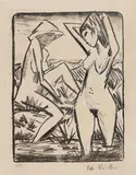 Otto Mueller, Im Wasser stehendes und am Ufer sitzendes Mädchen mit Hut (Mädchen im Bade), 1921-22, Lithografie auf Bütten