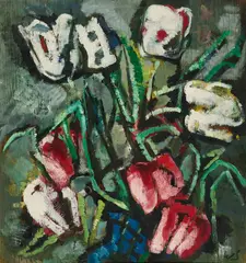 Werner Scholz, Rote und weiße Tulpen, Öl auf Holz