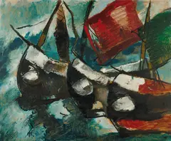 Werner Scholz, Schiffe, 1959, Öl auf Presspappe