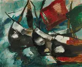 Werner Scholz, Schiffe, 1959, Öl auf Presspappe