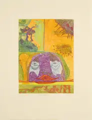 Ursula Schultze-Bluhm, Pandora-Blick, 1969, Radierung, handkoloriert auf Bütten