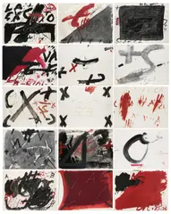 Antoni Tàpies, Negre i Roig, 1976, Jeweils: Farbaquatinta, davon 11 Werke zusätzlich mit Pulver bestäubt und Relief-Prägung auf GUARRO (Wasserzeichen)