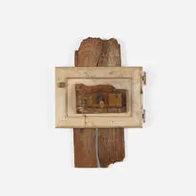 George Herms, Three Cross, 1961, wood, wood cabinet door and metal faucet handle