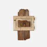 George Herms, Three Cross, 1961, wood, wood cabinet door and metal faucet handle