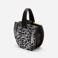 Barry McGee, Beck(y) Round Tote, c. 2005, skateboard, fabric, silver paint