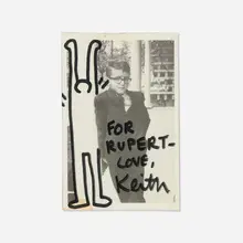 Photo with original drawing by Keith Haring, offset lithograph and ink drawing on post card, sold Oct 2024