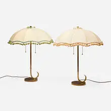 Gilbert Rohde, Umbrella table lamps model 4929, pair, c. 1935, brass, burlap shade