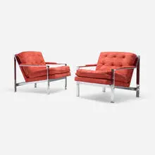 Cy Mann, Lounge chairs, pair, c. 1975, chrome-plated steel, upholstery