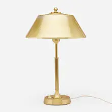 Ewå Värnamo, Table lamp, c. 1960, brass-plated and enameled aluminum, brass-plated white metal, gilt steel, milk glass, plastic