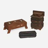 Tramp Art, Boxes, collection of three, chip-carved wood, varnish, mirrors, and metal