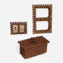 Tramp Art, Crown of Thorns accessories, collection of three, wood and varnish, one with two cartes-de visite of figures