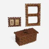 Tramp Art, Crown of Thorns accessories, collection of three, wood and varnish, one with two cartes-de visite of figures