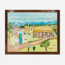 Myrtice West, Memory Farm Scene with Angels, oil and graphite on wood