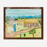 Myrtice West, Memory Farm Scene with Angels, oil and graphite on wood