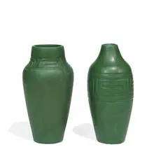Owens Pottery, earthenware Mat Green vases, two