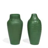 Owens Pottery, earthenware Mat Green vases, two