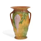 Wisteria earthenware vase in brown by Roseville Pottery, sold Jun 2022