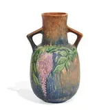 Wisteria earthenware vase in rich blue by Roseville Pottery, sold Jun 2022