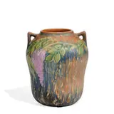 Wisteria earthenware vase in blue by Roseville Pottery, sold Jun 2022
