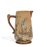 pitcher with sgraffito decoration of fallow deer by Hannah and Florence Barlowe for Doulton Lambeth, United Kingdom, sold Jun 2022