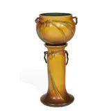 Pine Cone earthenware jardiniere and pedestal by Roseville Pottery, sold Jun 2022