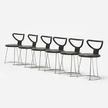 Nobu Tanigawa, Nardis dining chairs, set of six, c. 1991, chrome-plated steel, rubberized coating over foam and steel