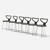 Nobu Tanigawa, Nardis dining chairs, set of six, c. 1991, chrome-plated steel, rubberized coating over foam and steel
